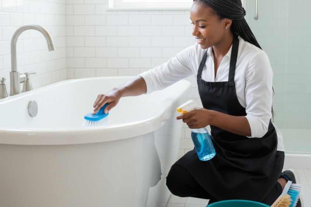 Professional maid service scrubbing and sanitizing a bathtub during a detailed deep cleaning.