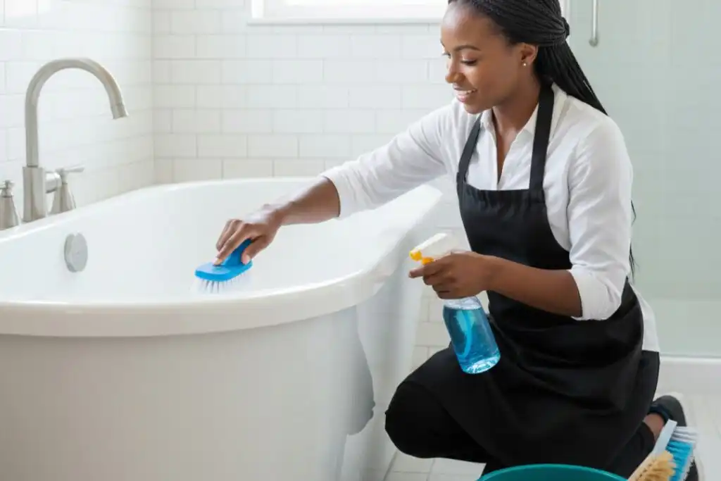 Residential cleaning team sanitizing a bathtub in a North Naples home bathroom.