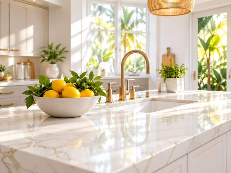 Freshly cleaned kitchen with marble countertops